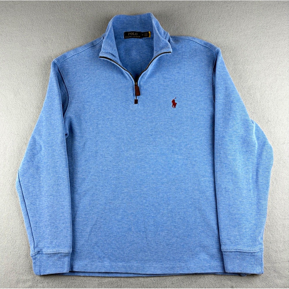Polo Ralph Lauren 1/4 Zip Sweater Men's M Blue Cotton Knit Mock Neck Logo